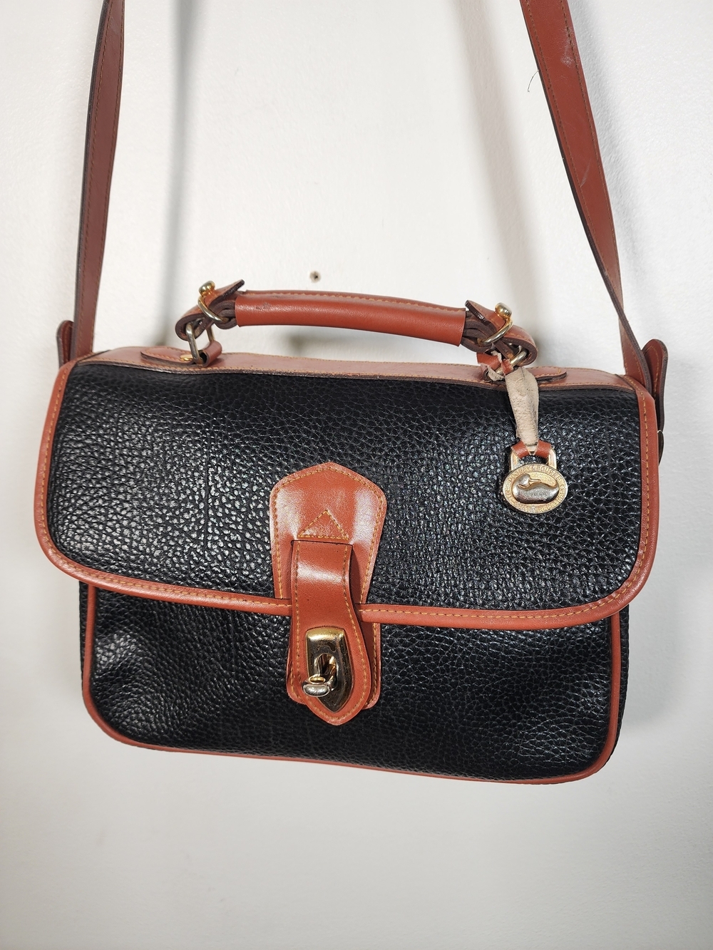 Vintage Dooney & Bourke Leather Satchel Brown Trim Crossbody Bag